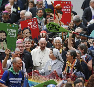 Pope Francis walks in a procession at the start of the Synod of Bishops for the Amazon at the Vatican in this Oct. 7, 2019, file photo. The Vatican on Feb. 12 released the pope's apostolic exhortation, "Querida Amazonia" (Beloved Amazonia), which offers his conclusions from the synod. (CNS photo/Paul Haring) See AMAZON-DOCUMENT, AMAZON-PRIESTS, VATICAN-LETTER-AMAZON-WOMEN, and AMAZON-ACTION Feb. 12, 2020.