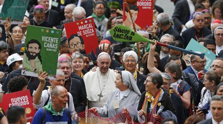 Pope Francis walks in a procession at the start of the Synod of Bishops for the Amazon at the Vatican in this Oct. 7, 2019, file photo. The Vatican on Feb. 12 released the pope's apostolic exhortation, "Querida Amazonia" (Beloved Amazonia), which offers his conclusions from the synod. (CNS photo/Paul Haring) See AMAZON-DOCUMENT, AMAZON-PRIESTS, VATICAN-LETTER-AMAZON-WOMEN, and AMAZON-ACTION Feb. 12, 2020.
