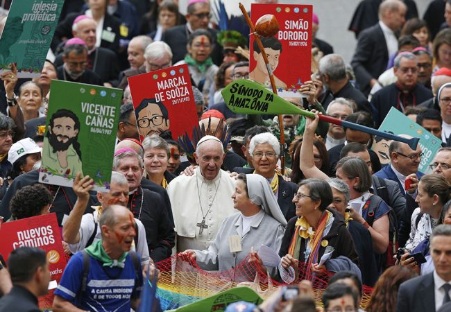 Pope Francis walks in a procession at the start of the Synod of Bishops for the Amazon at the Vatican in this Oct. 7, 2019, file photo. The Vatican on Feb. 12 released the pope's apostolic exhortation, "Querida Amazonia" (Beloved Amazonia), which offers his conclusions from the synod. (CNS photo/Paul Haring) See AMAZON-DOCUMENT, AMAZON-PRIESTS, VATICAN-LETTER-AMAZON-WOMEN, and AMAZON-ACTION Feb. 12, 2020.